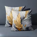 Gold and Gray Feather Pattern Decorative Throw Pillow Cover