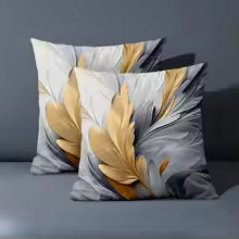 Gold and Gray Feather Pattern Decorative Throw Pillow Cover