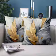 Gold and Gray Feather Pattern Decorative Throw Pillow Cover