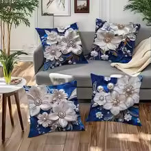 Exquisite Floral Embellished Blue Pillowcases with Pearls and Crystals Sofa cushion cover home room decoration 2D flat printing