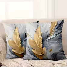 Gold and Gray Feather Pattern Decorative Throw Pillow Cover