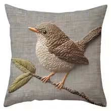 Bird Floral Embroidered Throw Pillow Cover