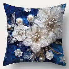 Exquisite Floral Embellished Blue Pillowcases with Pearls and Crystals Sofa cushion cover home room decoration 2D flat printing