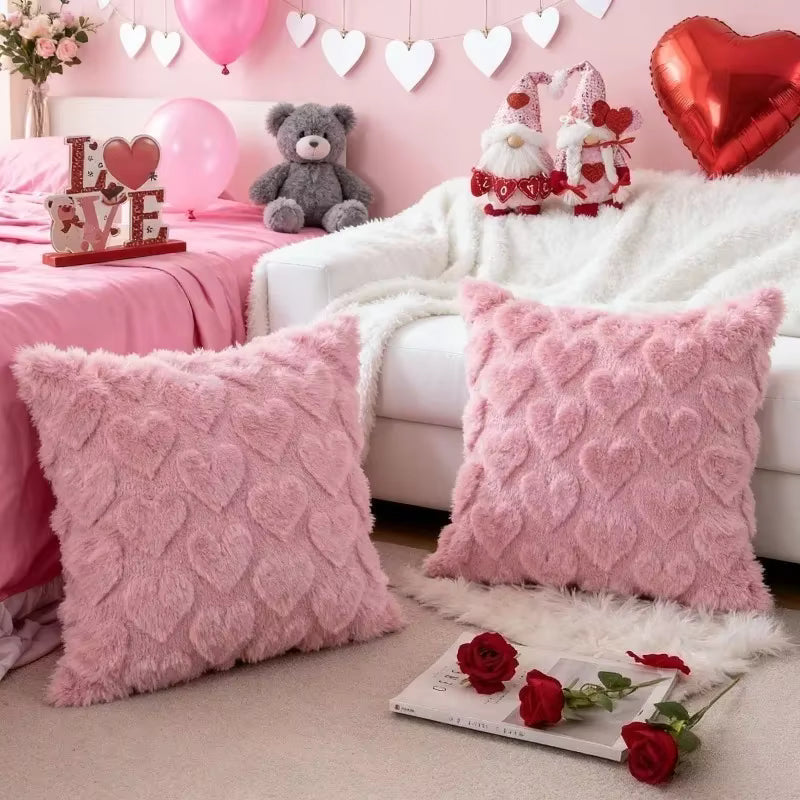 Valentine's Day Plush Pillow Cover with Heart Embroidery Jacquard Cushion for Sofa Living Room Decor