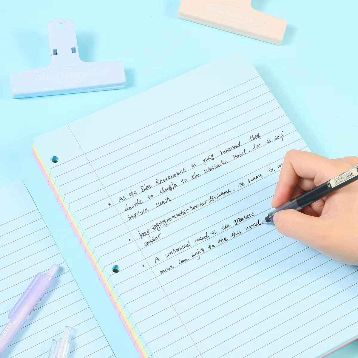 3-Hole Loose-Leaf Paper, Colorful Office 3-Ring Binder Filling Paper, Horizontal Line Inner Pages Suitable for School and Office, Size 8x10.5inch,