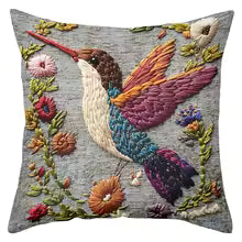 Bird Floral Embroidered Throw Pillow Cover