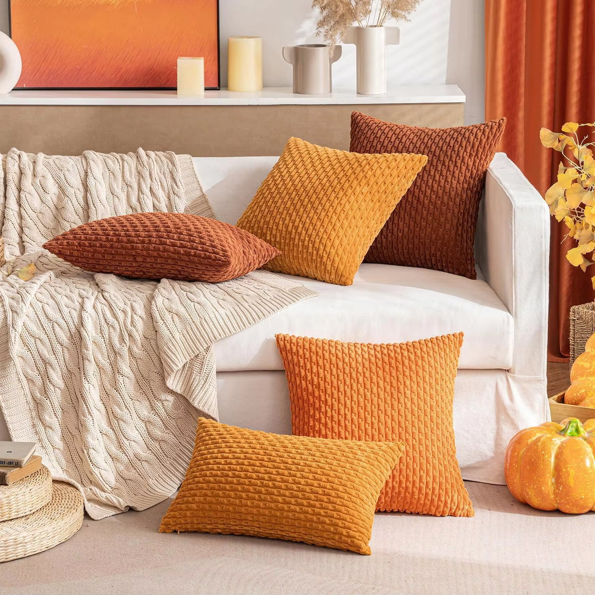 Fall Corduroy Striped Pillow Covers – Boho Farmhouse Sofa Decor