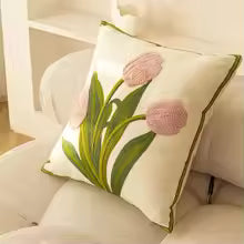 Cotton Tulip Embroidered Throw Pillow Cover