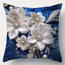 Exquisite Floral Embellished Blue Pillowcases with Pearls and Crystals Sofa cushion cover home room decoration 2D flat printing