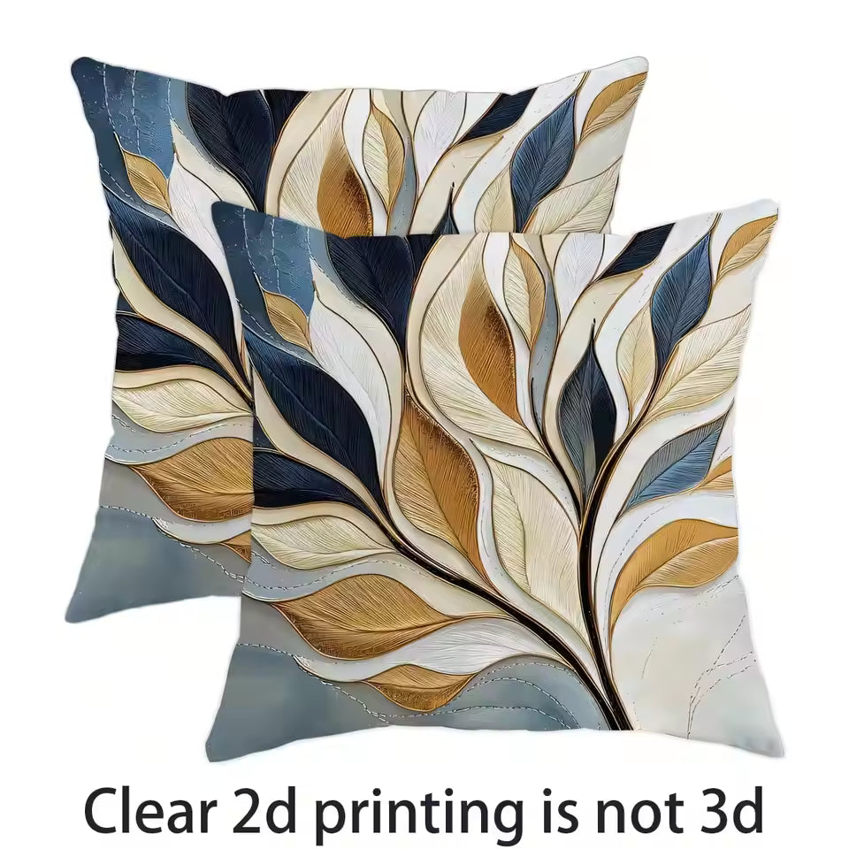 Gold Gray White Feather Print Decorative Throw Pillow Cover