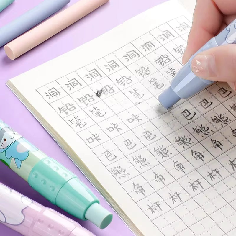 Cute Cartoon Pressing Pencil Eraser Pen Type Rubber Stationery Replaceable Eraser Core for Kids Writing Supplies Soft Art Eraser