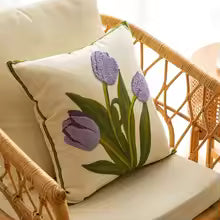 Cotton Tulip Embroidered Throw Pillow Cover