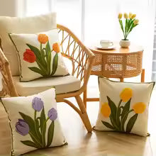 Cotton Tulip Embroidered Throw Pillow Cover