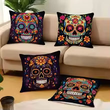 Halloween Sugar Skull Pillow Cover 45x45CM – Spooky Sofa Decor
