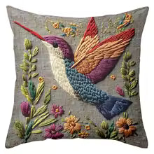 Bird Floral Embroidered Throw Pillow Cover