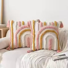 Pink Cotton Tufted Tassel Throw Pillow Cover