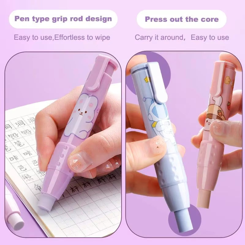 Cute Cartoon Pressing Pencil Eraser Pen Type Rubber Stationery Replaceable Eraser Core for Kids Writing Supplies Soft Art Eraser