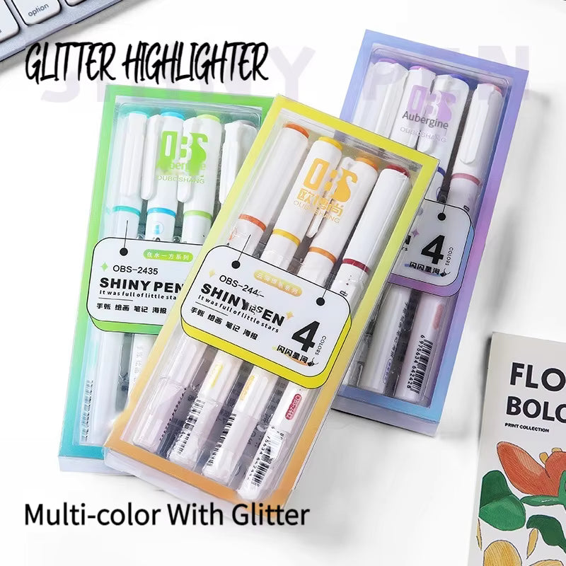 4pcs Glitter Highlighters, Flexible Line Width & Smudge-Proof Water-Based Ink For Sparkling Note-Taking Planner Bible Journaling