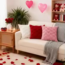 Valentine's Day Plush Pillow Cover with Heart Embroidery Jacquard Cushion for Sofa Living Room Decor