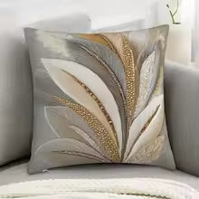 Gold Gray White Feather Print Decorative Throw Pillow Cover