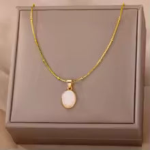Oval Opal Stone Pendant Necklace for Women Stainless Steel Gold Color Aesthetic Jewelry