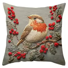 Bird Floral Embroidered Throw Pillow Cover
