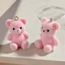 6pcs Kawaii Fluffy Teddy Bear Resin Charms 3D Flocked Pink Brown Bear
