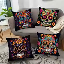 Halloween Sugar Skull Pillow Cover 45x45CM – Spooky Sofa Decor