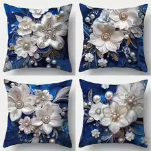 Exquisite Floral Embellished Blue Pillowcases with Pearls and Crystals Sofa cushion cover home room decoration 2D flat printing
