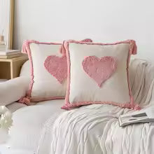 Pink Cotton Tufted Tassel Throw Pillow Cover