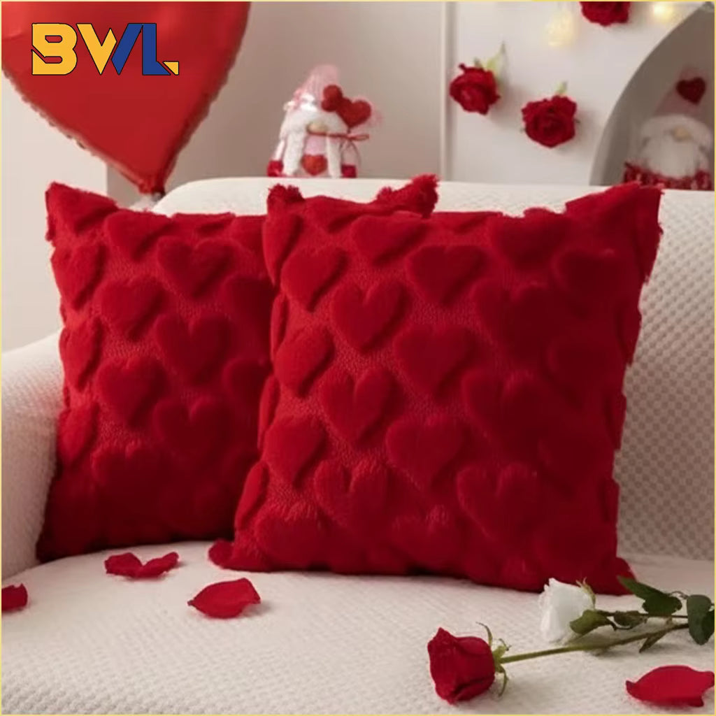 Valentine's Day Plush Pillow Cover with Heart Embroidery Jacquard Cushion for Sofa Living Room Decor