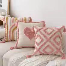 Pink Cotton Tufted Tassel Throw Pillow Cover