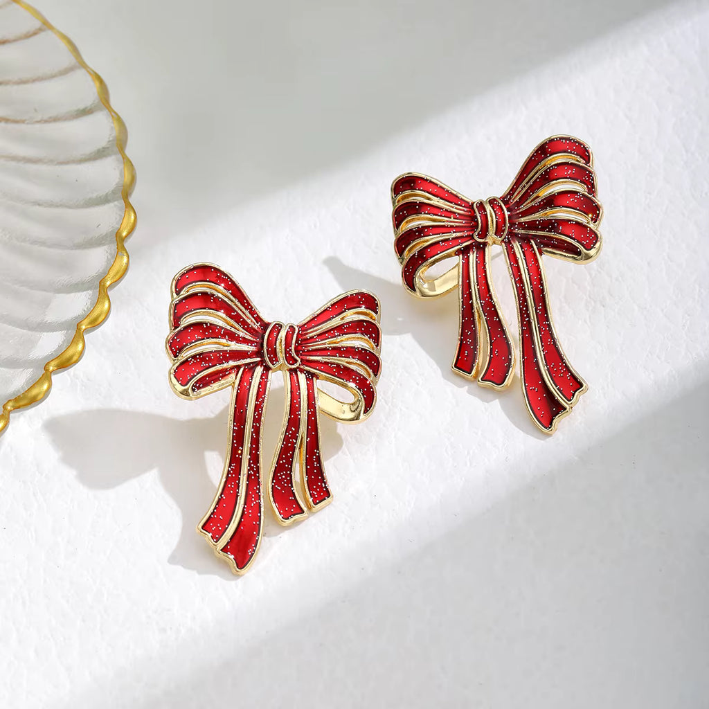A Pair of Fashionable New Red Bow Earrings, Environmentally Friendly Alloy