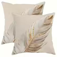 Gold Gray White Feather Print Decorative Throw Pillow Cover
