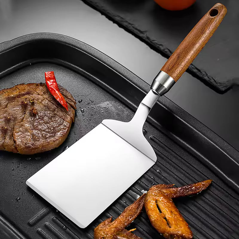 304 Stainless Steel Steak Spatula Non-stick Pancake Barbecue Tongs Wood Handle Frying Fish Spatula Rust Resistant Kitchen Tool