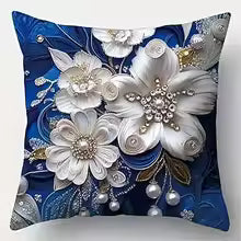 Exquisite Floral Embellished Blue Pillowcases with Pearls and Crystals Sofa cushion cover home room decoration 2D flat printing