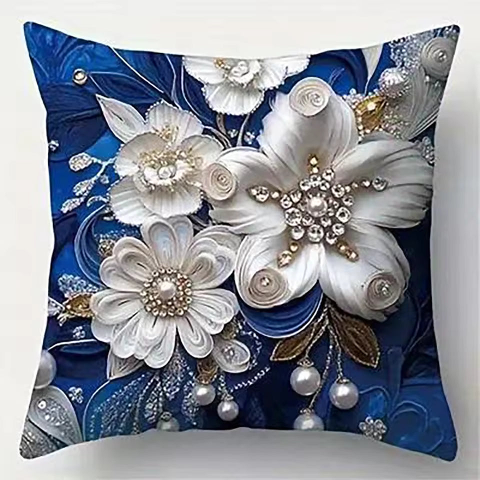 Exquisite Floral Embellished Blue Pillowcases with Pearls and Crystals Sofa cushion cover home room decoration 2D flat printing