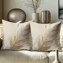 Gold Gray White Feather Print Decorative Throw Pillow Cover