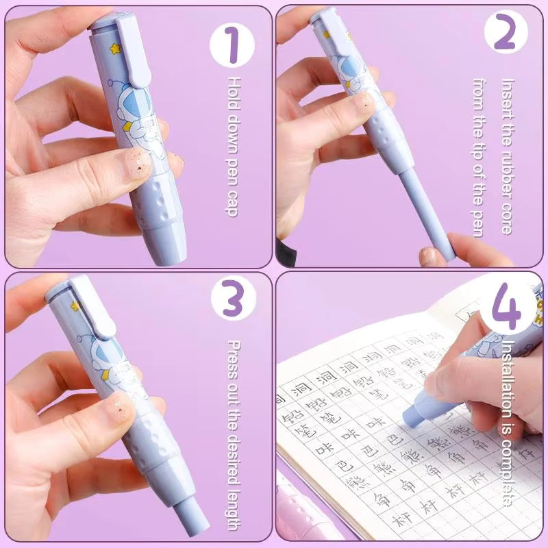 Cute Cartoon Pressing Pencil Eraser Pen Type Rubber Stationery Replaceable Eraser Core for Kids Writing Supplies Soft Art Eraser