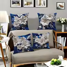 Exquisite Floral Embellished Blue Pillowcases with Pearls and Crystals Sofa cushion cover home room decoration 2D flat printing