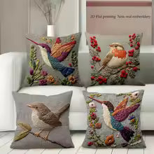Bird Floral Embroidered Throw Pillow Cover
