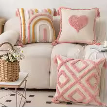 Pink Cotton Tufted Tassel Throw Pillow Cover