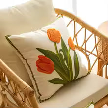 Cotton Tulip Embroidered Throw Pillow Cover
