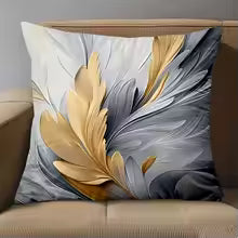 Gold and Gray Feather Pattern Decorative Throw Pillow Cover