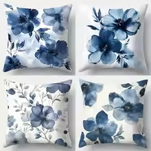 Blue Floral Watercolor Pillow Cover – Decorative Sofa Cushion