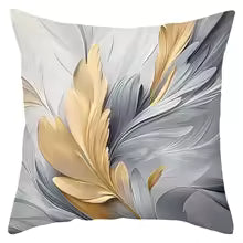 Gold and Gray Feather Pattern Decorative Throw Pillow Cover