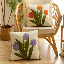 Cotton Tulip Embroidered Throw Pillow Cover