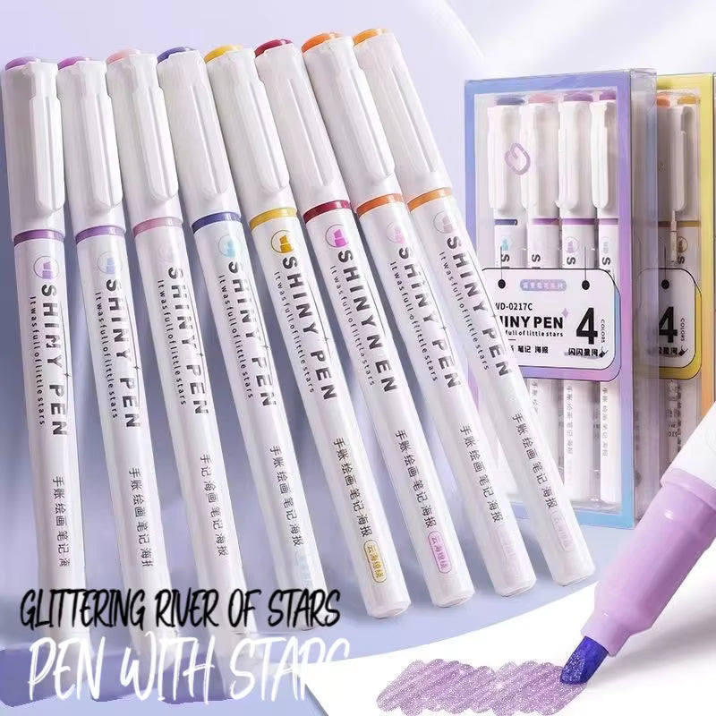 4pcs Glitter Highlighters, Flexible Line Width & Smudge-Proof Water-Based Ink For Sparkling Note-Taking Planner Bible Journaling