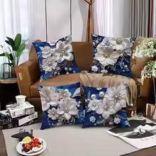 Exquisite Floral Embellished Blue Pillowcases with Pearls and Crystals Sofa cushion cover home room decoration 2D flat printing