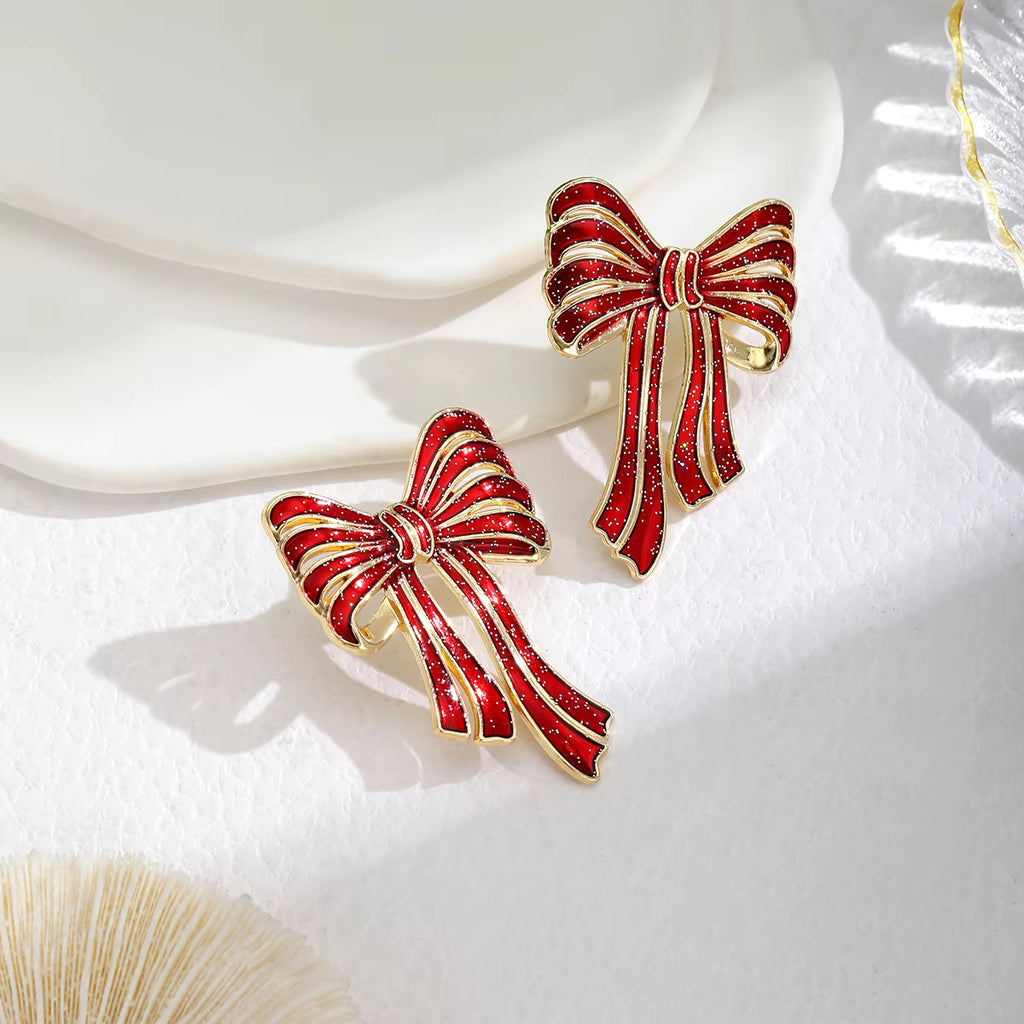 A Pair of Fashionable New Red Bow Earrings, Environmentally Friendly Alloy